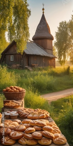 wooden houses, landscape, forest, river, church