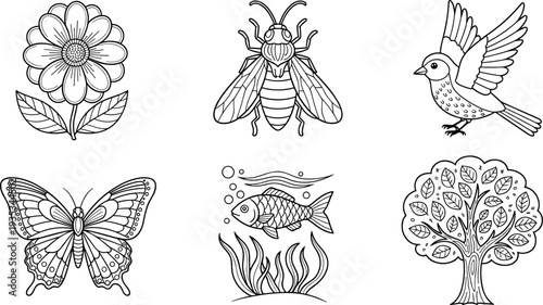 Collection of simple line art illustrations of nature elements including a flower, bee, bird, butterfly, fish, and tree