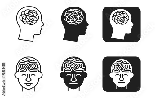 Psychological Disorder Icons.Human Head Stress Concept Outline and Glyph Set