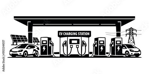 EV cars charging at a station powered by solar panels and an electricity grid, promoting eco-friendly, green energy solutions