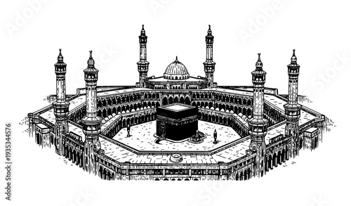 Grand Mosque in Mecca Vintage Engraving Antique Architectural Illustration 19th Century Style