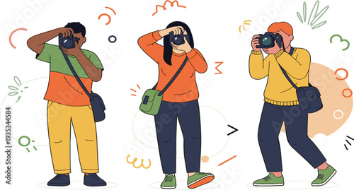 Diverse Professional Photographers Group Illustration Featuring Men and Women with Digital Cameras and Messenger Bags for Travel, Media, and Lifestyle Content