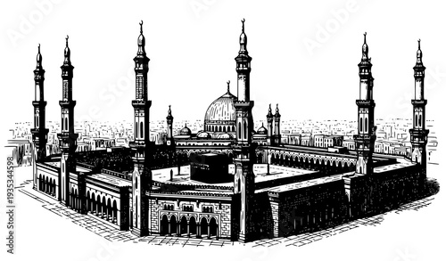 Antique Engraving of the Kaaba and Grand Mosque Mecca 1880s Encyclopedia Illustration