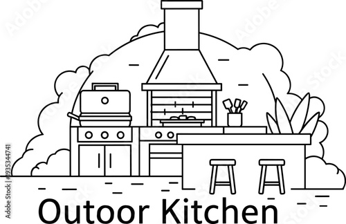 Modern outdoor kitchen with grill and seating area, line art illustration