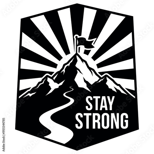 Mountaintop flag stay strong emblem with radiating sunburst