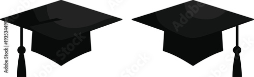 Two black graduation caps with tassels vector illustration isolated on white background for university college student education and academic achievement