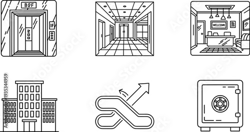 Collection of modern building interior and exterior icons for business and travel