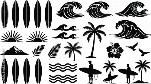 Surfing icon set featuring surfboards ocean waves palm trees hibiscus flowers and surfer silhouettes for summer beach tropical vacation designs
