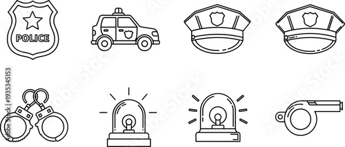 Collection of police and law enforcement icons in a simple line art style