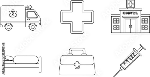 Medical and healthcare icons including ambulance, hospital, and medical tools