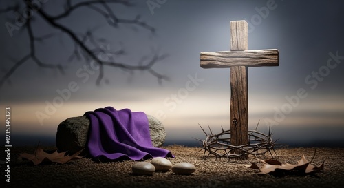 A wooden cross with a purple cloth draped over it, set against a dark, moody background with a tree branch and some leaves.