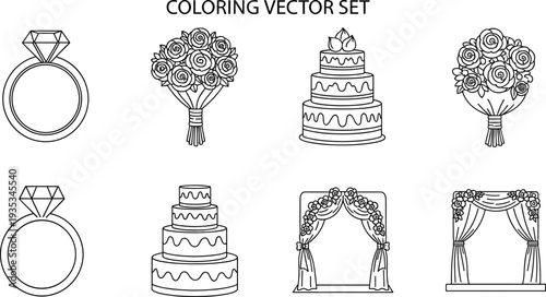 Collection of wedding icons including rings, cakes, bouquets, and arches for coloring