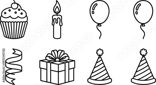 Collection of simple line art icons for birthday celebration elements