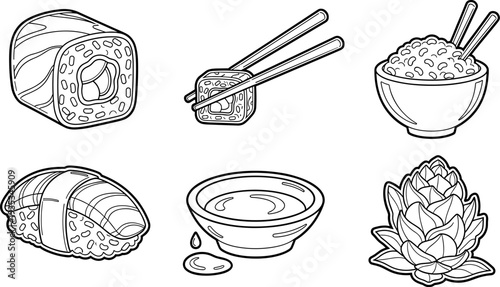 Delicious sushi and ingredients in a fun line art style