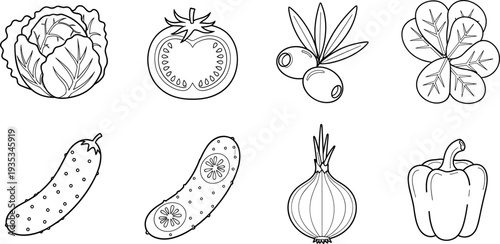 Illustration of various vegetables including tomato, cucumber, and onion