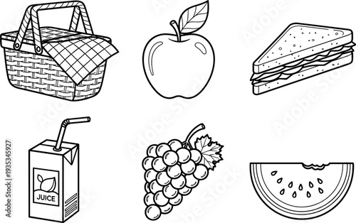Hand-drawn picnic basket, apple, sandwich, juice box, grapes, and watermelon slice