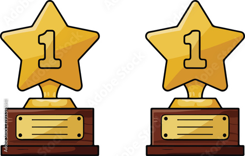 Minimalist hand drawn line art vector of two star trophies on wooden bases for first place achievement awards.