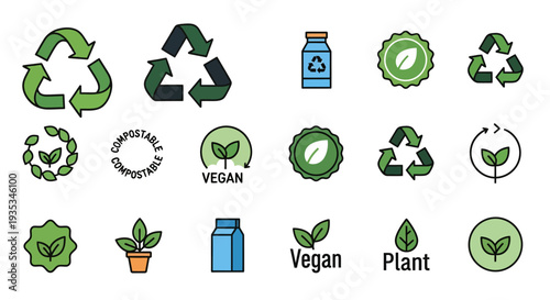 A collection of eco-friendly icons promoting sustainability and veganism on a white background