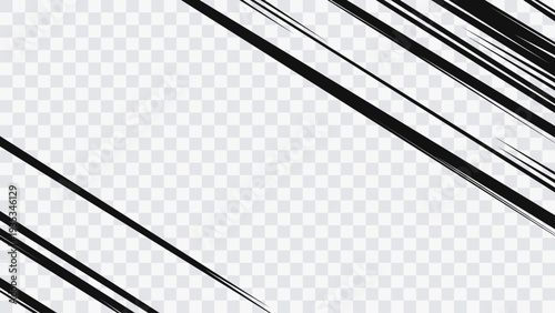 Dynamic black motion streaks for comic, manga, action scene and modern graphic design. Abstract diagonal speed lines isolated on transparent background.