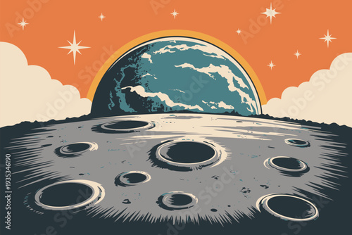 Moon Surface View with Planet Earth in Retro Comic Style for Space Exploration Theme, Vintage Illustration Design for Poster, Cover, Wallpaper and Digital Artwork.