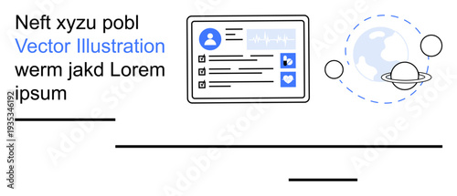 Digital user interface, identity verification, global networking, tech design, data security, connection. A profile screen with icons and a globe with orbits. Identity verification and global