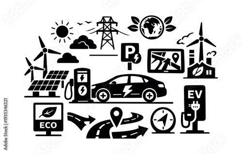 Electric vehicle ecosystem concept with charging station, solar energy, wind power, navigation, roads, and eco manufacturing