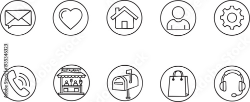 Ten black line in circles on white background including email heart house person gear phone restaurant mailbox shopping bag headset