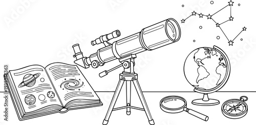 Outline illustration of astronomy and science education with a telescope, planet book, globe, and constellation