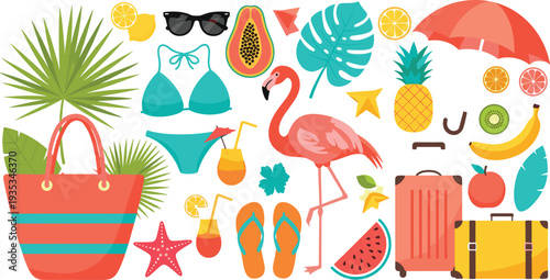 Summer vacation icons set with flamingo tropical fruits beach bag and travel elements vector illustration