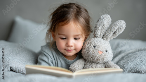 Child reading easter bunny story in bed for cozy moments and imagination
