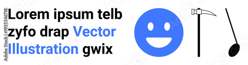 Emotion expression, mortality, balance, minimalism, conceptual design, media use. A blue happy face, a scythe and a pendulum. Emotion expression and mortality concept