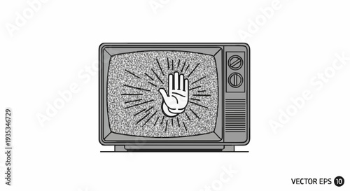 Old-Fashioned Television Displaying a Hand Signaling Stop on a Static Screen, Highlighting Media Overload, Control, and the Need for a Break