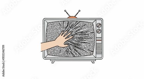 A hand forcefully breaks through the chaotic static of an old television screen, symbolizing media disruption, information overload, or a powerful escape from digital noise