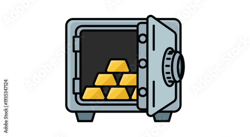 Open Safe with Gold Bars Inside Cartoon Illustration for Investment, Asset Protection and Financial Security Theme