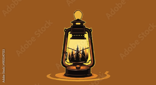 A luminous vintage oil lamp shines brightly, revealing a serene mountain forest landscape encapsulated within its warm glow, symbolizing guidance and exploration on a solitary journey through nature