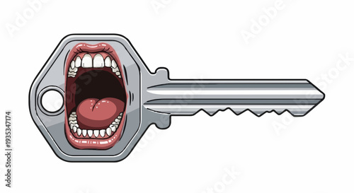 Surreal illustration of a key with a mouth and lips opening wide in a scream or shout, symbolizing communication and access