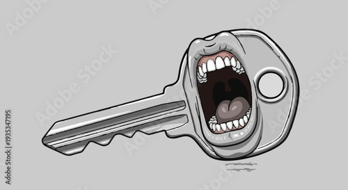 A surreal illustration of a metal key with an open mouth and teeth, symbolizing an unusual concept or idea