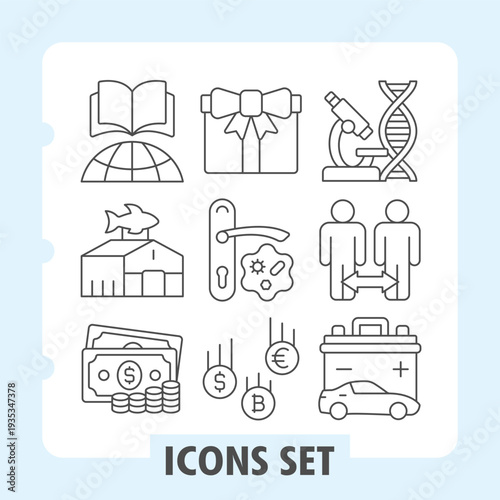 Set of nine thin line icons covering diverse themes like education, science, commerce, health, finance and social distancing on a white background. Ideal for modern digital projects and print media.