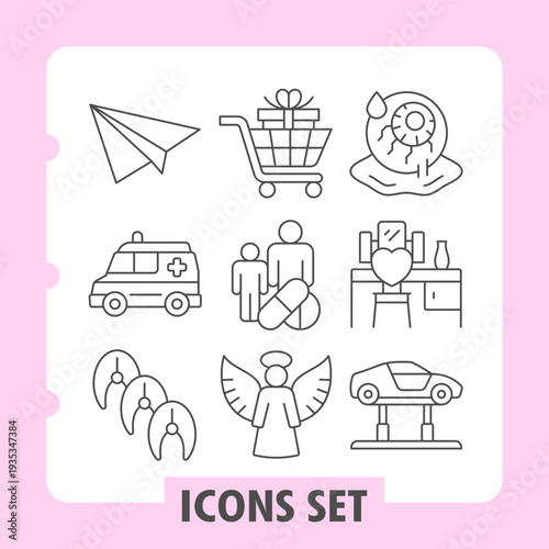 Set of nine thin line icons on a white background, depicting themes of health, retail, travel, food and beauty. Perfect for contemporary digital projects and print media.