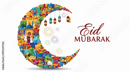 Vibrant eid mubarak celebration with colorful crescent moon and lanterns isolated on white background
