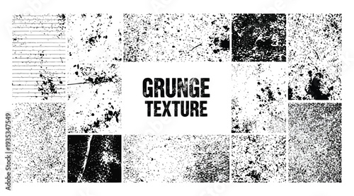 Grunge texture collage with various black and white patterns and designs on a white background