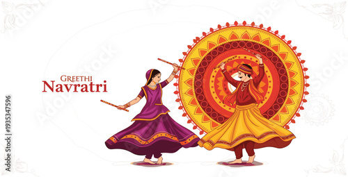 Happy Navratri Festival Greeting Background with Couple Performing Traditional Dandiya Raas Folk Dance and Large Decorative Mandala Ornament for Hindu Religious Celebration