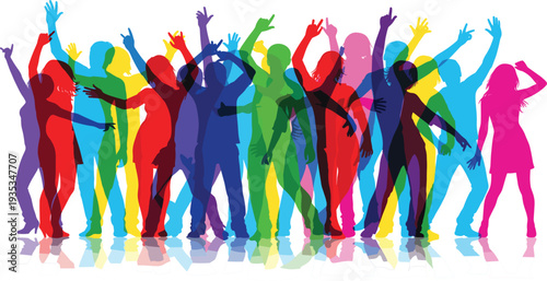 Large Group of Overlapping Colorful Silhouettes of Diverse People Dancing for Music Festival Party Event Nightlife Celebration and Youth Culture Poster Designs