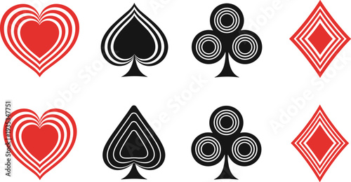 Playing card suit symbols set including heart, spade, club, and diamond in layered and outline styles isolated on white background for casino and game design