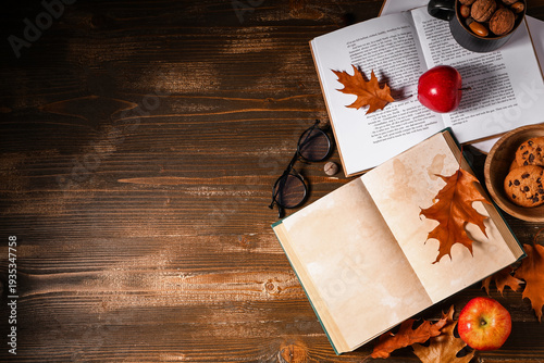 Books with apples, cookies,...