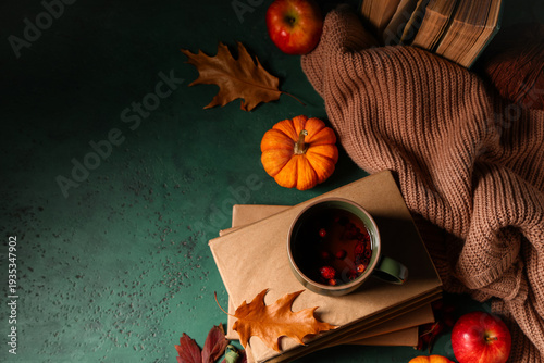 Books with cup of tea, appl...