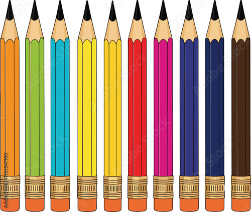 Collection of colorful wooden pencils with erasers in multiple vibrant shades