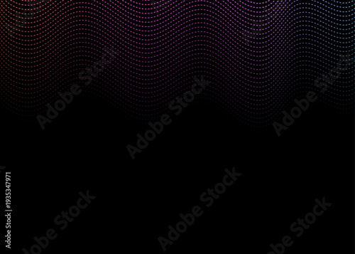 Abstract Colorful Dotted Wave Gradient Background with Flowing Neon Particle Lines on Dark Black Backdrop Modern Digital Sound Visualization Futuristic Technology Data Flow Vector Illustration