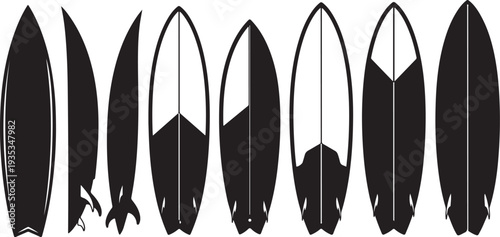 Collection of various surfboard shapes and designs on display