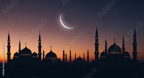 A silhouetted skyline of a grand mosque complex rises against a dusky twilight sky. A crescent moon glows brightly in the upper right corner, casting a soft light on the intricate architecture.